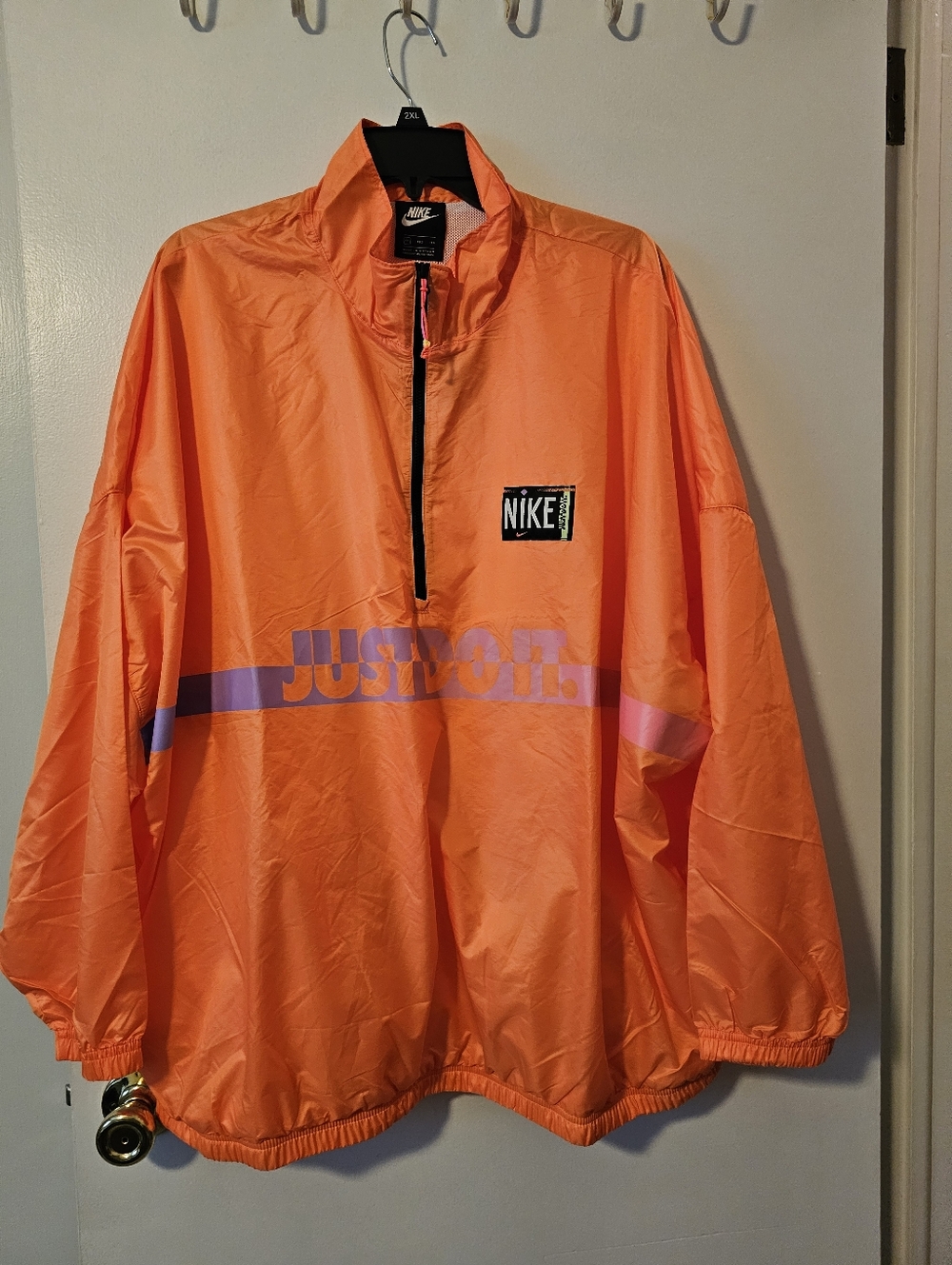 Nike Womens 2xl Orange 1/2 Zip Pullover Windbreaker with Purple-Pink Stripe